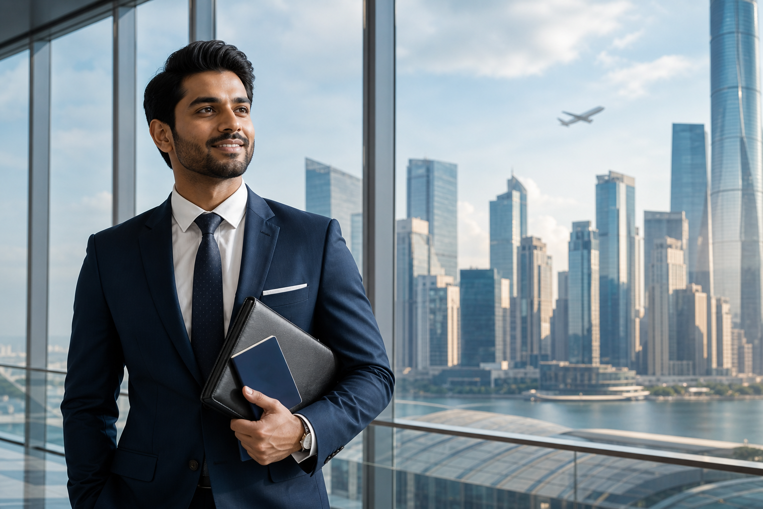 Business professional with passport in a global business district